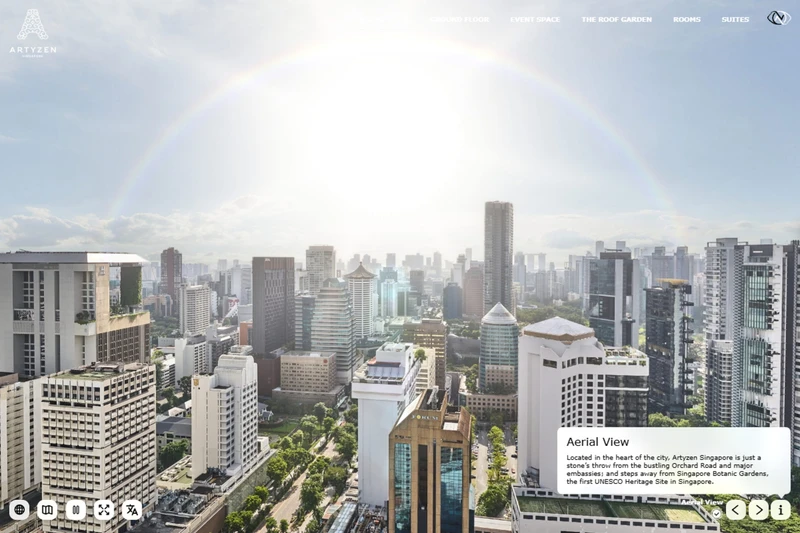 Artyzen Singapore virtual tour aerial view showing a simulated lens flare around the sun
