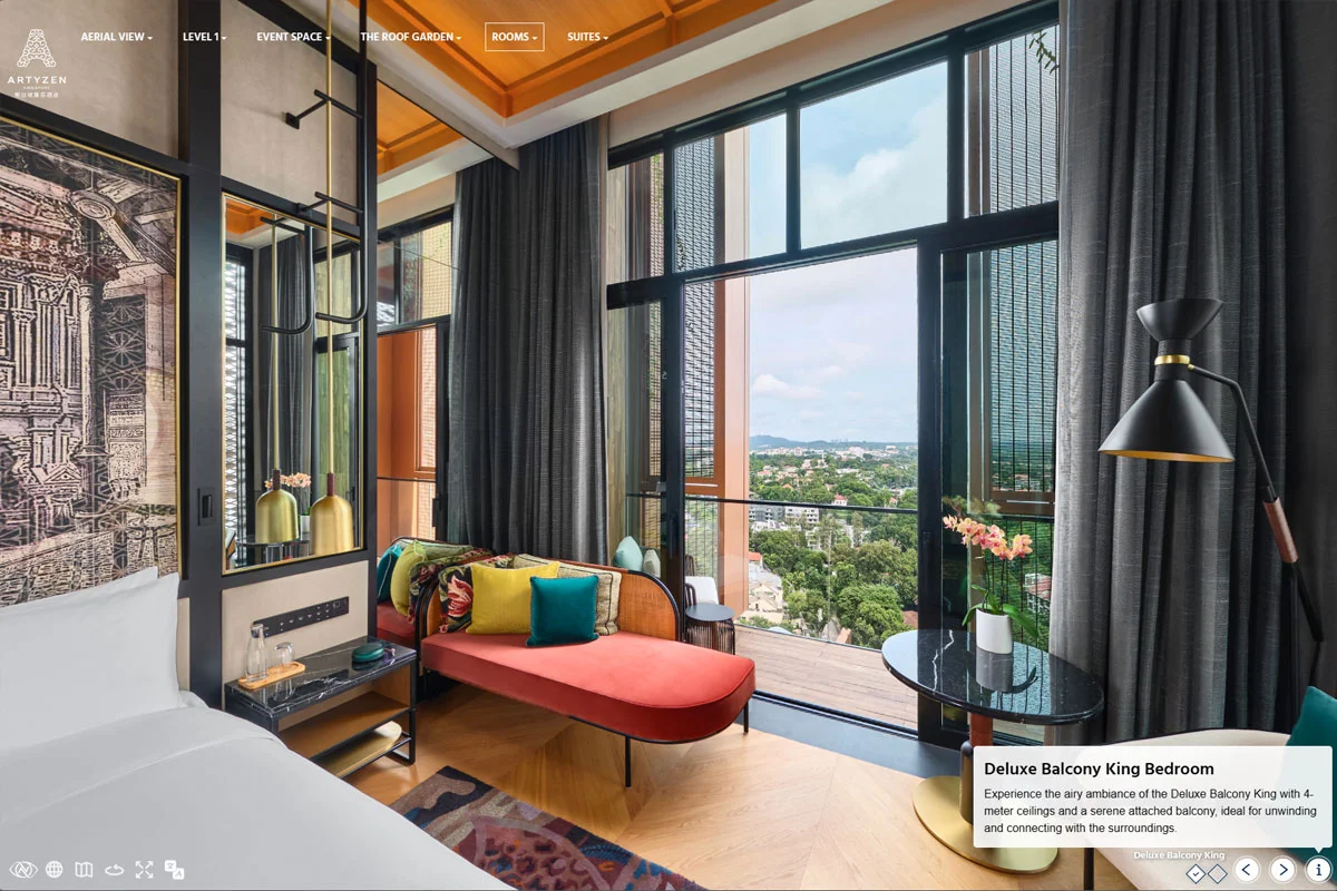 Artyzen Singapore virtual tour of deluxe king bedroom with red chaise lounge and panoramic balcony city views