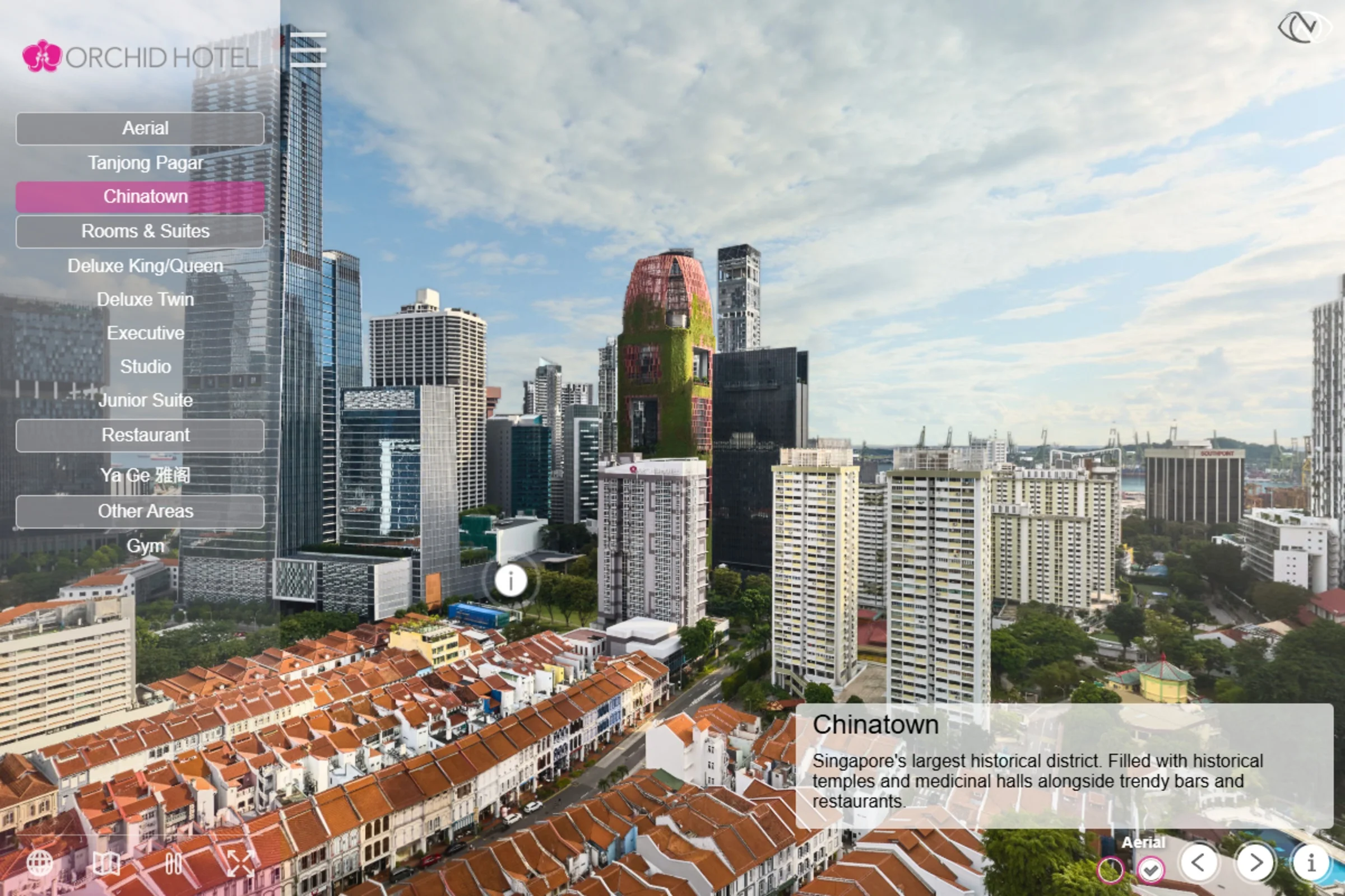 Orchid Hotel Singapore elevated Chinatown cityscape with colorful high-rises, shophouse rooftops, and Tanjong Pagar towers