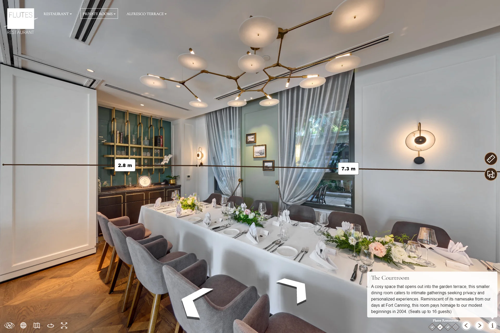 The Courtroom at Flutes Restaurant with room dimensions shown in virtual tour measuring 2.8m by 7.3m