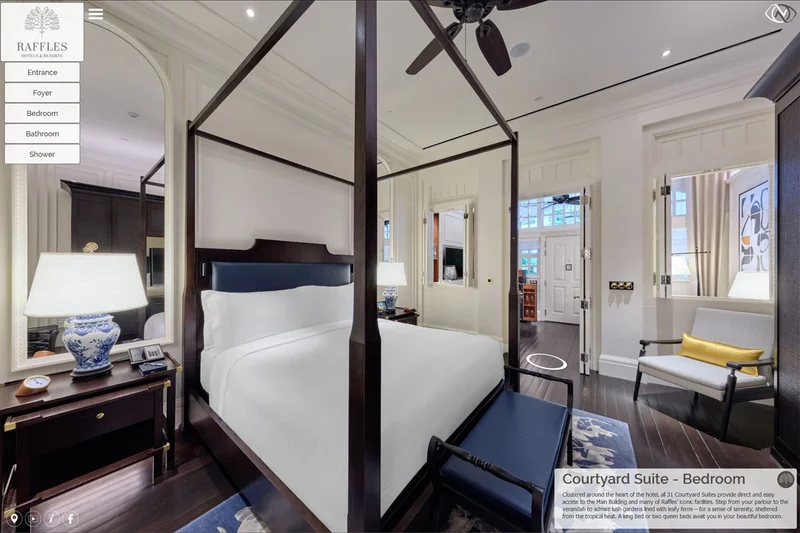 Luxury hotel virtual tour of Raffles Hotel Singapore colonial Courtyard Suite with four-poster canopy bed