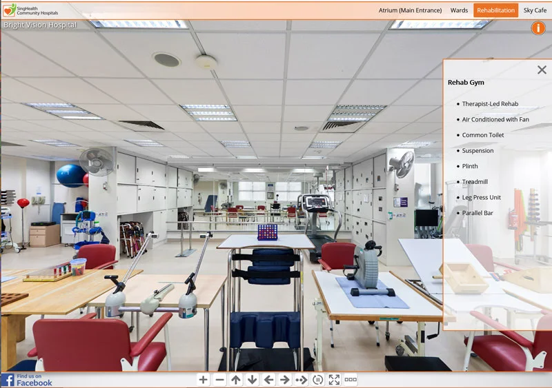 Bright Vision Hospital rehabilitation gym virtual tour with exercise equipment, treadmill, and therapy stations