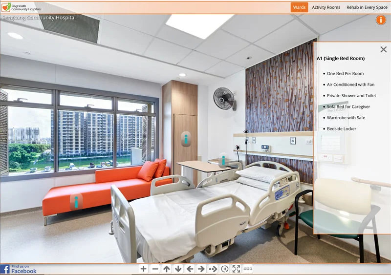 Sengkang Community Hospital A1 single bed room with orange sofa, window view, and patient bed